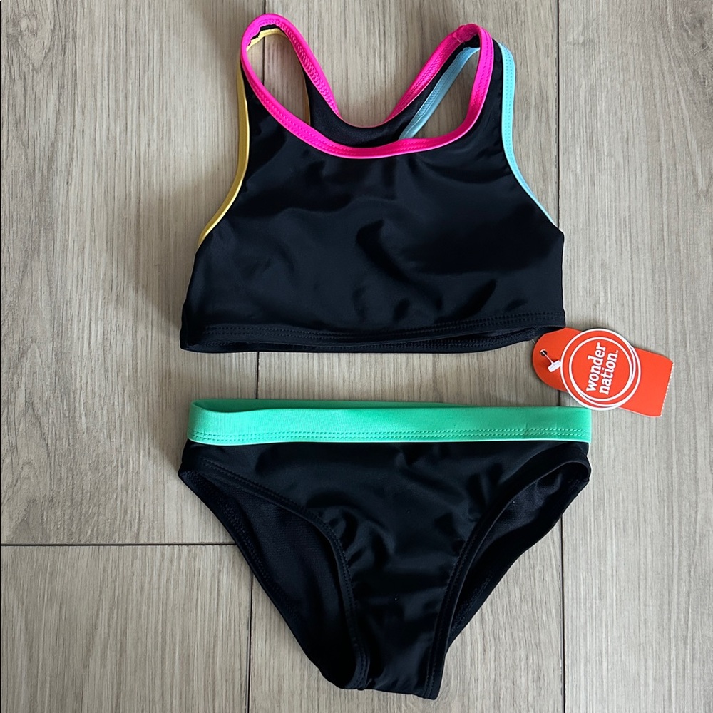 NWT Wonder Nation Girls' 2 Piece Racerback Swimsuit Set W/ UPF50+ Size XS(4-5)